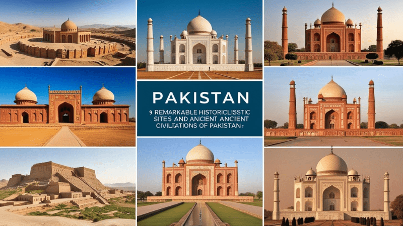 An artistic depiction of Pakistan's rich archaeological heritage, including famous historical sites such as the ancient ruins of Mohenjo Daro and Harappa, the Buddhist monasteries of Takht Bahi, and the magnificent stone walls of Rohtas Fort.