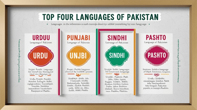 A cultural journey of Pakistani languages, traditional calligraphy, musical instruments, and regional dress represents the diversity of Pakistani ethnic groups. Scripts in languages ​​like Urdu, Punjabi, Pashto, Sindhi and Balochi are set against the backdrop of Pakistan's varied landscapes, including mountains, deserts and green plains.