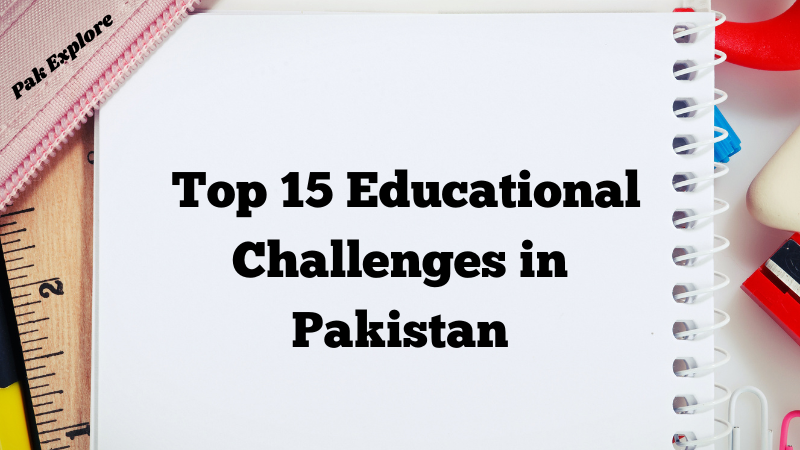 Illustration showing the top educational challenges in Pakistan, such as limited resources, access to quality education, gender inequality, lack of trained teachers, outdated curriculum, and socioeconomic barriers."