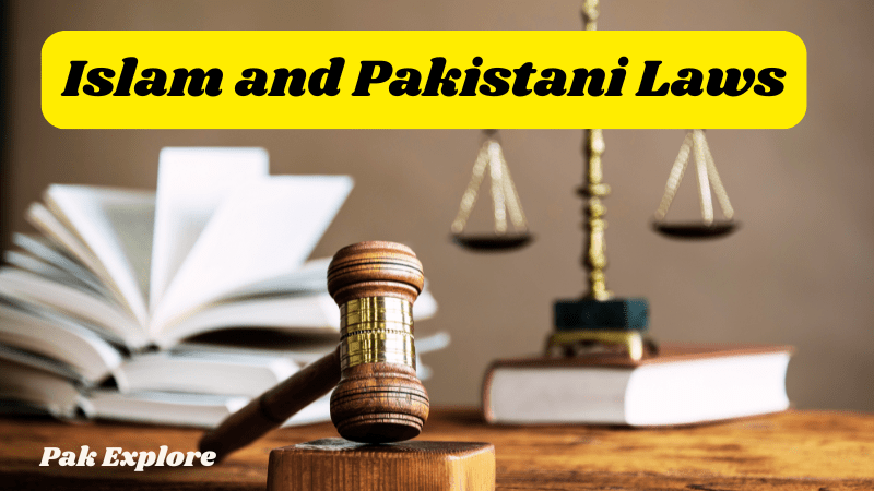 Illustrating the relationship between Islam and Pakistani law, the Pakistani constitution displays symbols of justice, and Islamic elements, reflecting the integration of Islamic principles into Pakistan's legal framework.