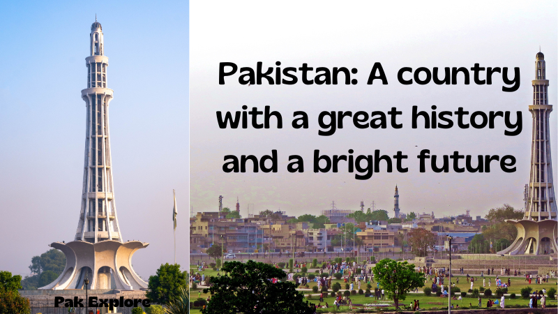 An inspiring image representing Pakistan's rich history and promising future, featuring iconic landmarks, symbols of cultural heritage, and advancements in technology. The image reflects a blend of tradition and progress, emphasizing Pakistan's historical achievements and vision for a bright future.