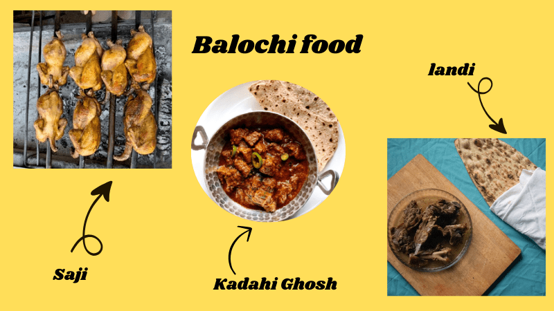 The cuisine of Baluchistan is characterized by simplicity and native taste. The "Sajid" and "Kadahi Ghosh" here are very popular, which is meat cooked in the traditional way over coals. Saji